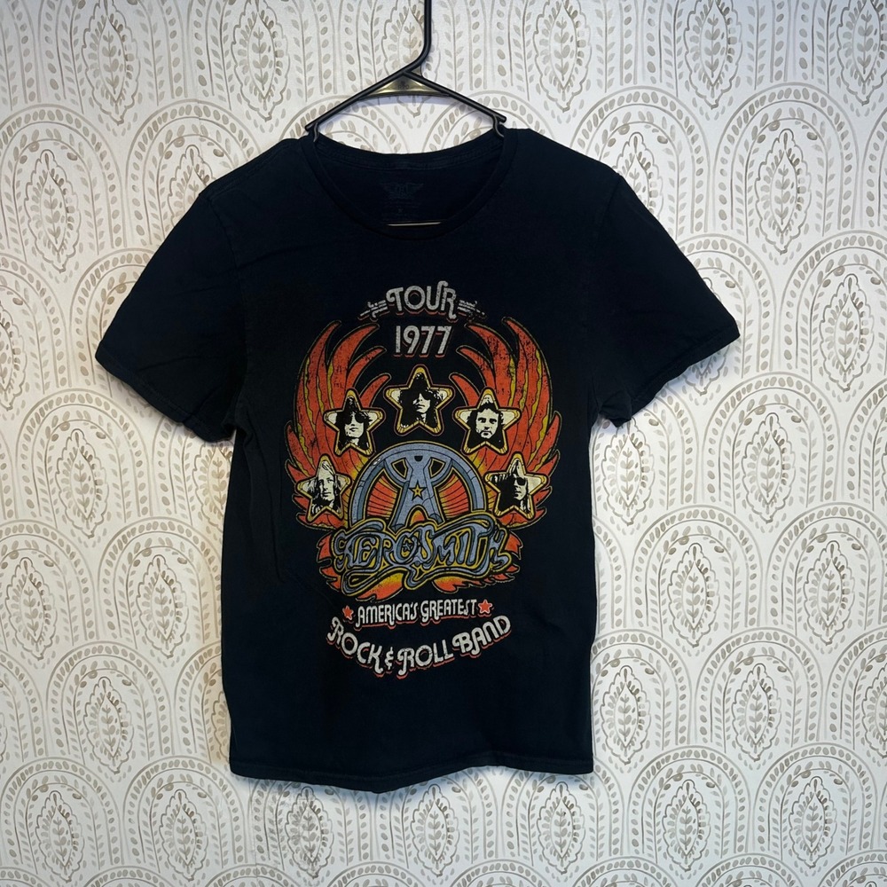 Aerosmith Tour 1977 Rock Band‎ Graphic T Shirt Black Mens Medium